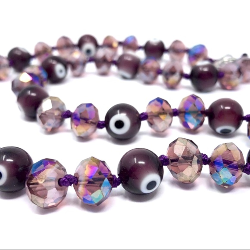 Vintage faux-amethyst crystal and evil eye bead necklace